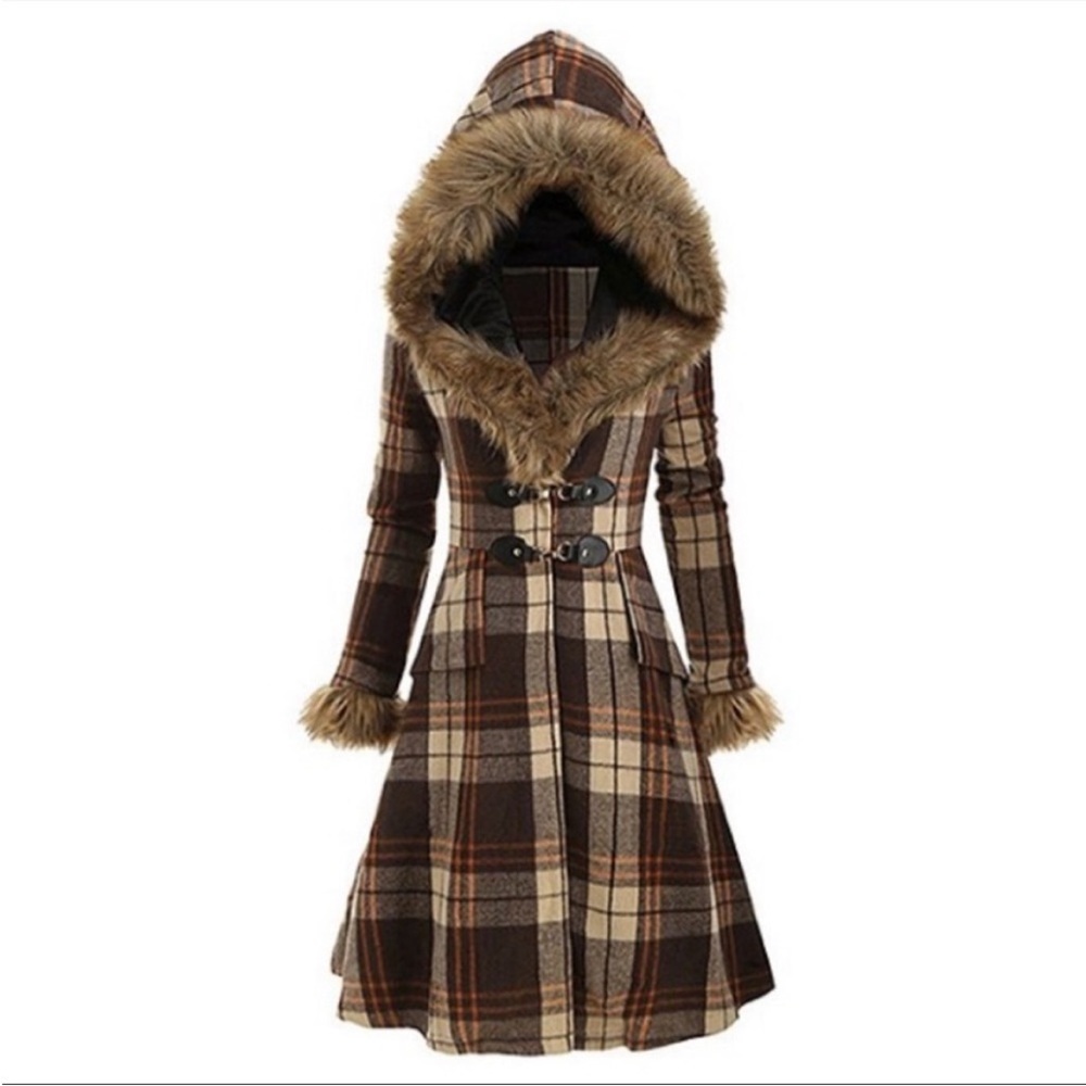 NWT Camisa Large Khaki Plaid Faux-Fur Princess Cut Blanket Trench Coat NEW